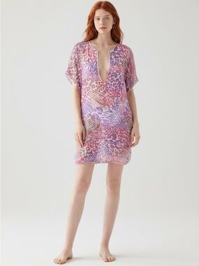 Benetton Pink & Purple animal  Printed Swim Cover-Up Tunic. Sheer, mob wife.
